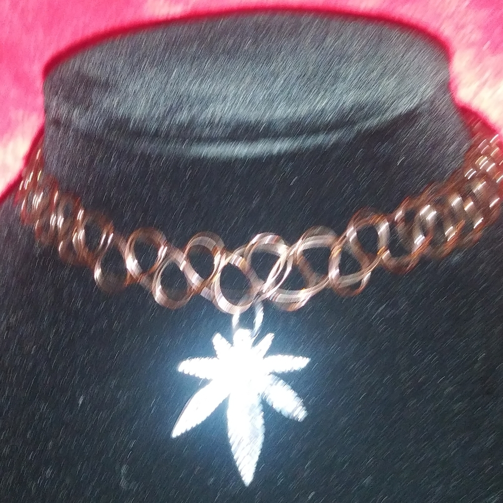 Marijuana leaf tattoo choker style necklace, Charm Necklace, Weed Leaf Charm